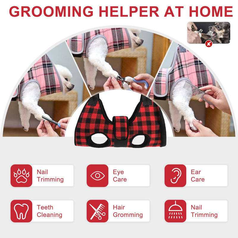 BEAUTYZOO Dog Grooming Hammock Harness for Nail Trimming - Adjustable Pet Restraint Sling for Small Medium Large Dogs/Cats -Secure Hanging Holder for Nail Clipping & Grooming (Christmas Buffalo Plaid) XS (Leg Spacing: 6-9.5" / Max W: 15lbs) Buffalo Red - PawsPlanet Australia