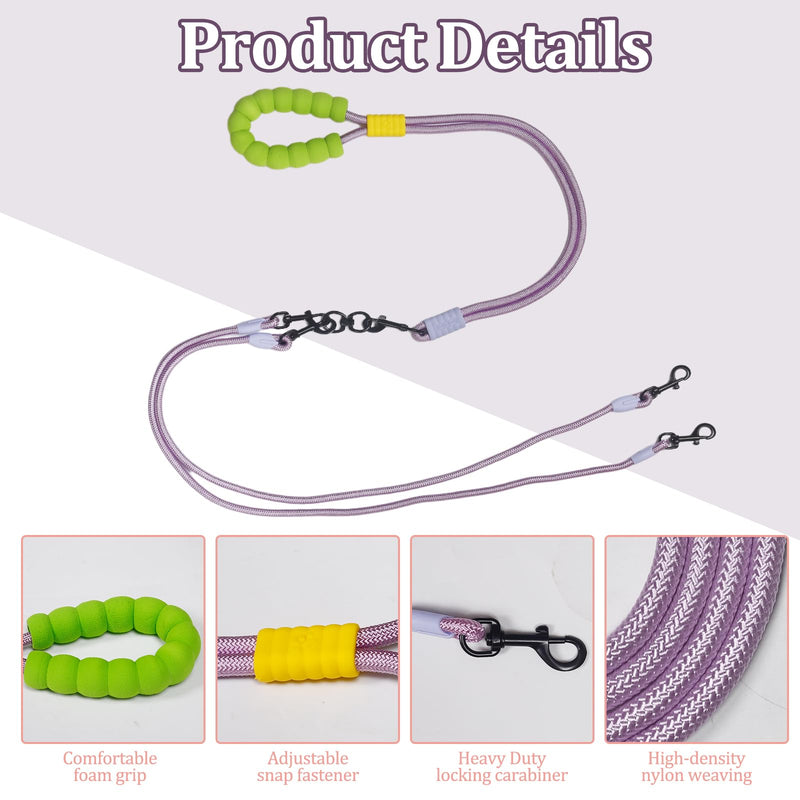 Double Dog Leash No Tangle, Adjustable Split Leads Dual Pet Walking Leash with Comfortable Padded Handle for Two Dogs, Hands - Free Dual Leashes for Small/Medium Pets (Purple, Double Leashes) Purple