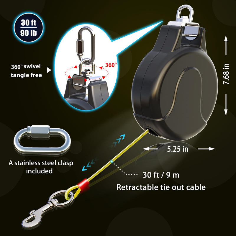 30ft Retractable Dog Tie Out Cable - 2-in-1 Retractable Dog Tie Out for Dog Zipline,Aerial Run Cable,Dog Tie Out Trolley Or Dog Stake Dog Anchor, No Tangle Retractable Tie Out Reel for Camping Or Yard 30FT Black