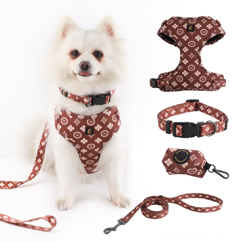 Luxury Designer Adjustable Dog Harness, Leash, Poop Bag Holder/Dispenser and Bandana Set, No Pull, Soft Mesh Padded, for Small/Medium Dogs, Outdoor Walking/Running (Extra Small, Chewy Pawtton) Extra Small - PawsPlanet Australia