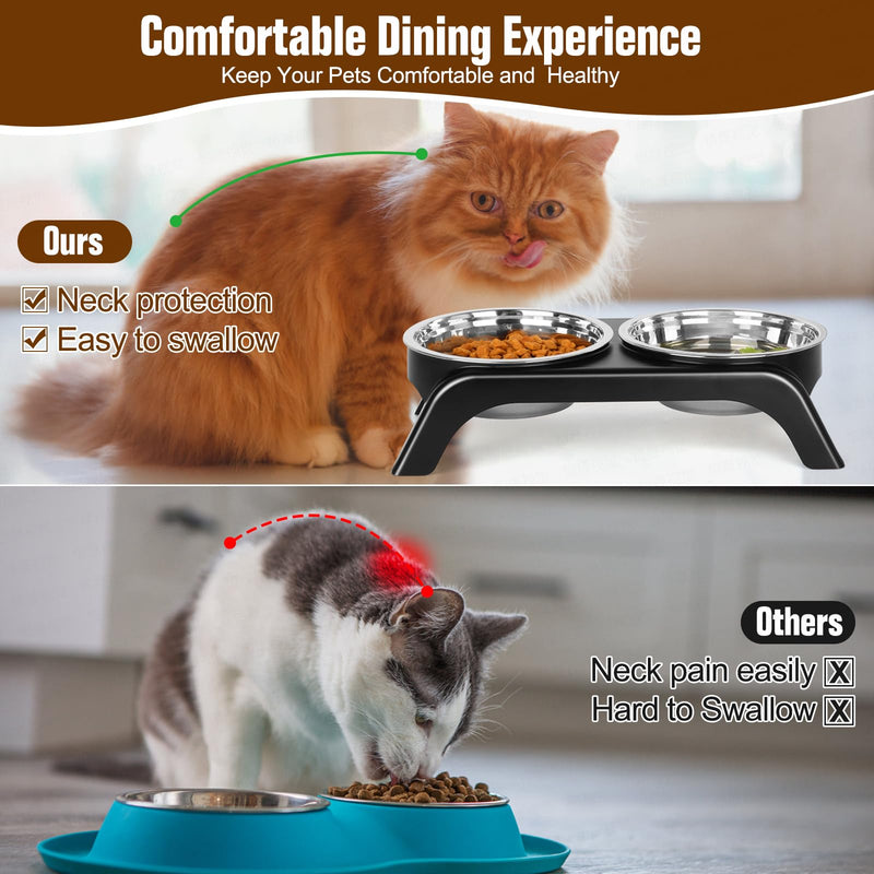 Elevated Cat Bowls, Anti Vomiting Raised Cat Food Bowl with 2 Stainless Steel Bowls, Prevent Neck Pain Cat Bowl Set, ABS Anti Slip Stand Cat Bowls for Indoor Cats & Puppies (Black) Black - PawsPlanet Australia
