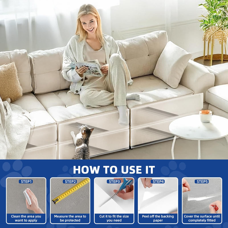 TOOSOFt Anti Cat Scratch Furniture Protector Clear Thicken Vinyl 196.9"x16.5" Couch Protector from Cat Claws - Single Sided Sticky Flexible Dog Tape for Furniture, for Couch Corner Door Walls Bed 196.9"x16.5" - PawsPlanet Australia