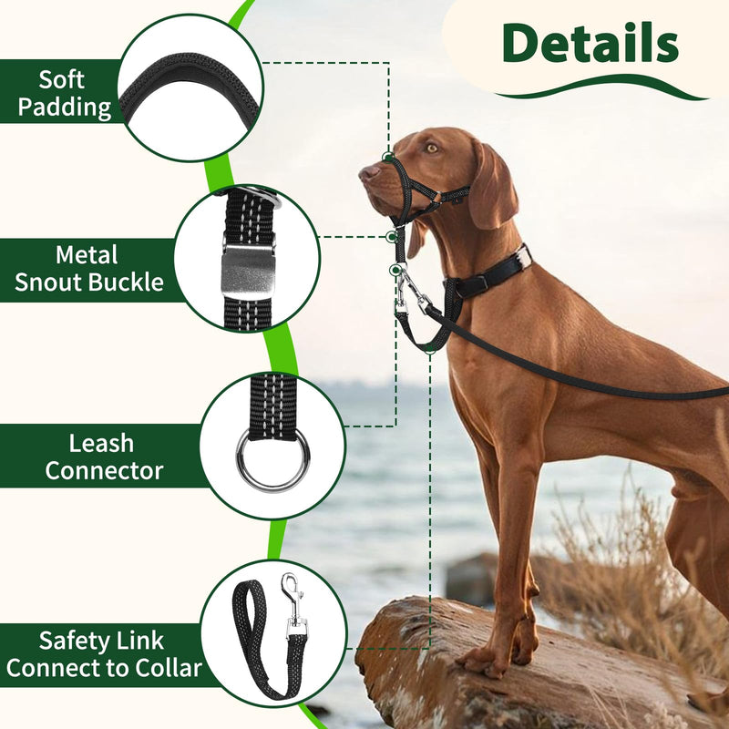 BARKLESS Sturdy No Pull Head Collar for Medium Large Dogs, Gentle Reflective Head Halter with Safety Link, Adjustable Nylon Dog Training Muzzle Leash for Walking Control (Green, L) Green L(Snout 8¾”-10¼”) - PawsPlanet Australia