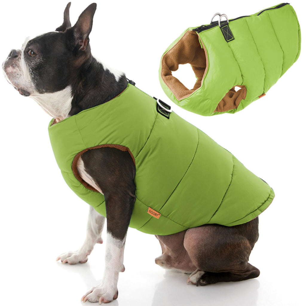 Gooby Padded Vest Dog Jacket - Solid Green, Small - Warm Zip Up Dog Vest Fleece Jacket with Dual D Ring Leash - Water Resistant Small Dog Sweater - Dog Clothes for Small Dogs and Medium Dogs Small Chest (16") Green Solid 1