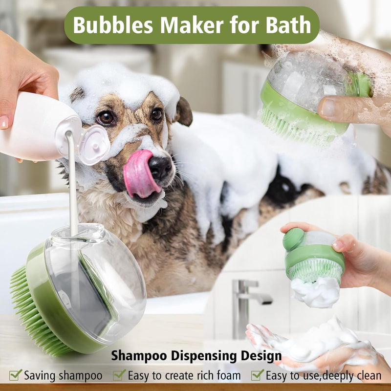 Dog Bath Scrubber Brush, 2 PCS Pet Dog Grooming Massage Shampoo Bath Brush with Soap and Shampoo Dispenser Soft Silicone Bristle for Long Short Haired Dogs Cats Shower Green & Pink - PawsPlanet Australia