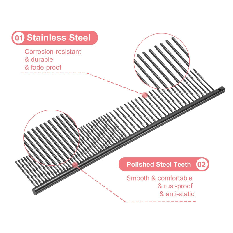 Dog Cat Comb, Pet Combs Stainless Steel Teeth with Rounded Ends for Knots Mats Loose Hair Removal, 6.5/7.5IN (Black Plated, 2 Pack), Grooming Tool Intended for Long Curly Hair Pet Black Plated 6.5/7.5 IN