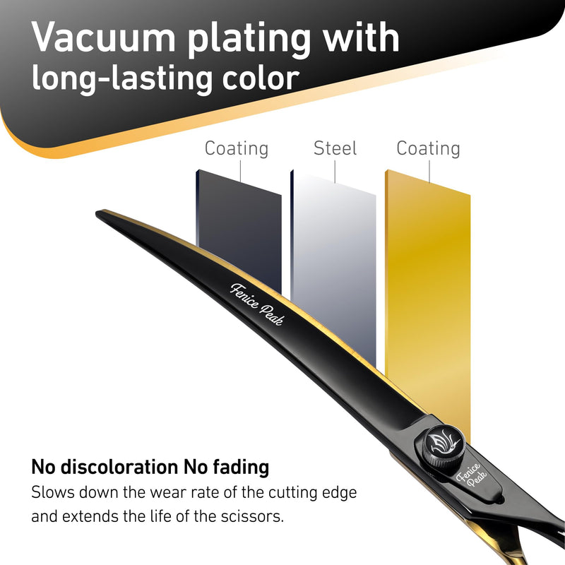 Fenice Peak 7'' Black Dog Grooming Scissors Goldern Curved Scissors with Ergonomic Offest Handle and Pattern Screw Pet Grooming Trimming Shears Durable and Sharp 440C 7'' - PawsPlanet Australia
