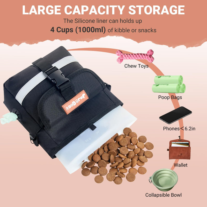 JOJOGOGO Dog Treat Pouch with 4 Cup Removalbe Silicone Bag, Magnetic Closure Treat Pouches for Pet Training and Walking, Dog Training Treat Pouch with Clicker, Puppy Snack Bag and Poop Bag Holder Black normal