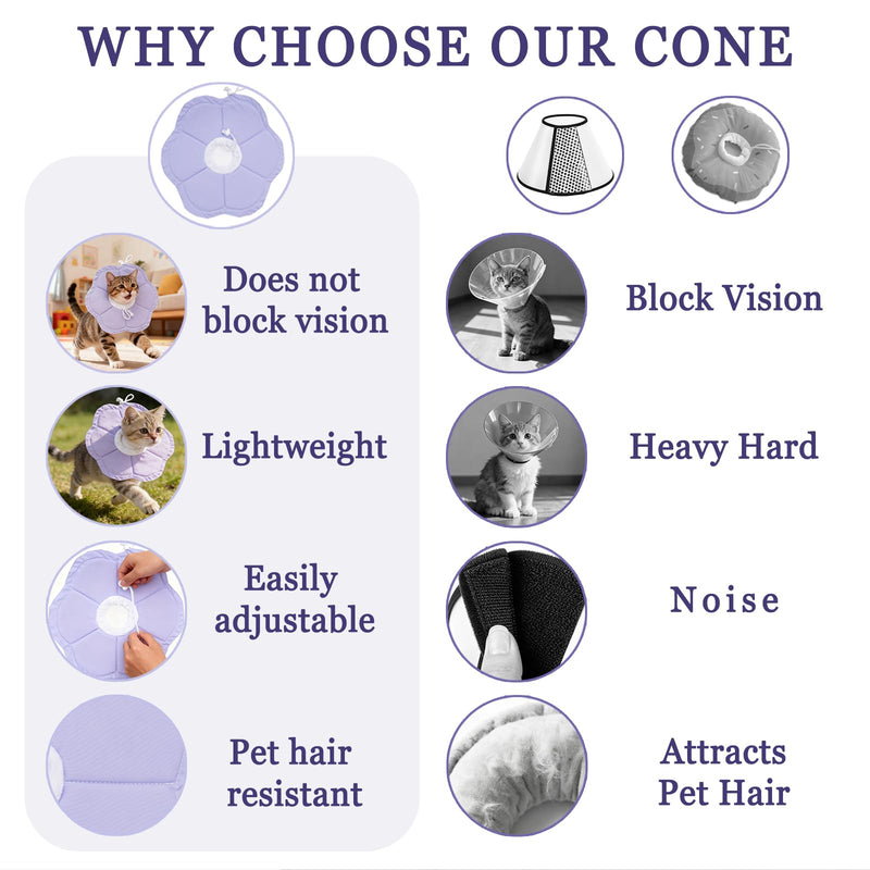 Tensho Soft Flower Cone for Cats, Adjustable Purple Cat Cone Collar for After Surgery, Elizabethan Collar for Cat Can Protect Head and Foot Wounds, Pet Cones for Cats All-Season Style (S) S