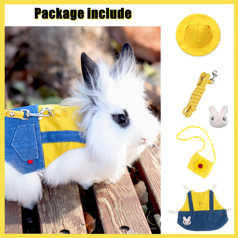 Guinea Pig Clothes,Soft Bunny Ferret Clothes with Pet Rabbit Harness and Leash Mini Hat Bag Cute Brooch for Kitten Small Animal Collars Medium ADenimYellow - PawsPlanet Australia