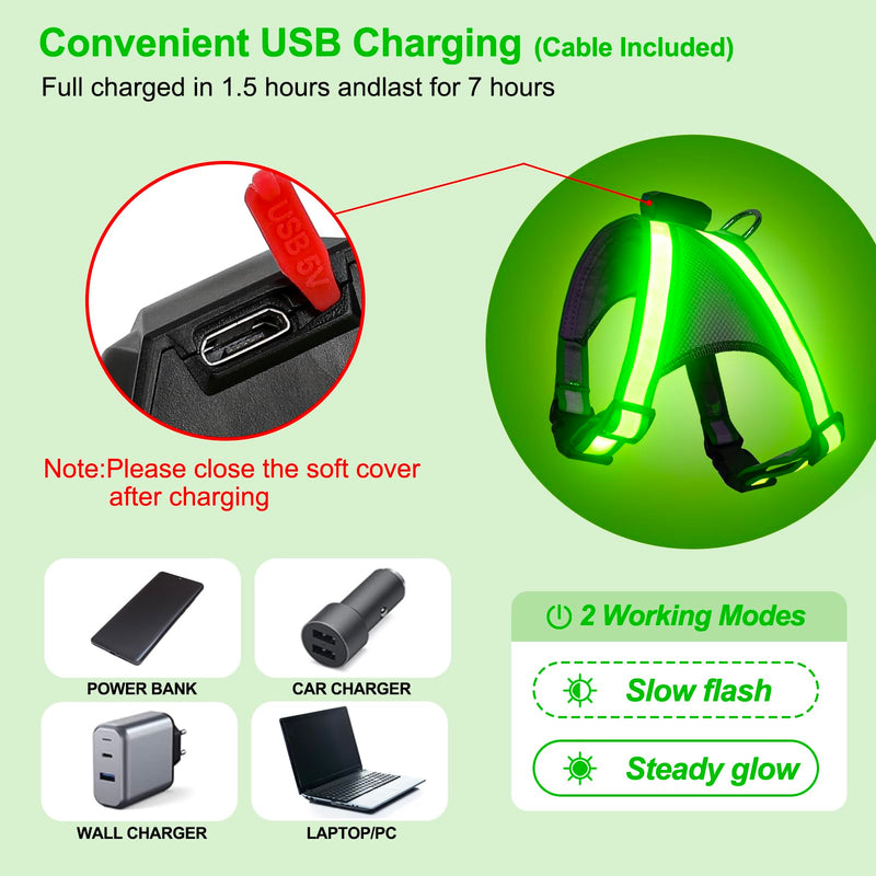 Visinite LED Dog Harness, USB Rechargeable Light Up Dog Vest, 2 Illuminate Modes Glow in The Dark Dog Harness, Adjustable Lighted Pet Harness Light for Night Walking Safety (Green, XL) Extra Large Green