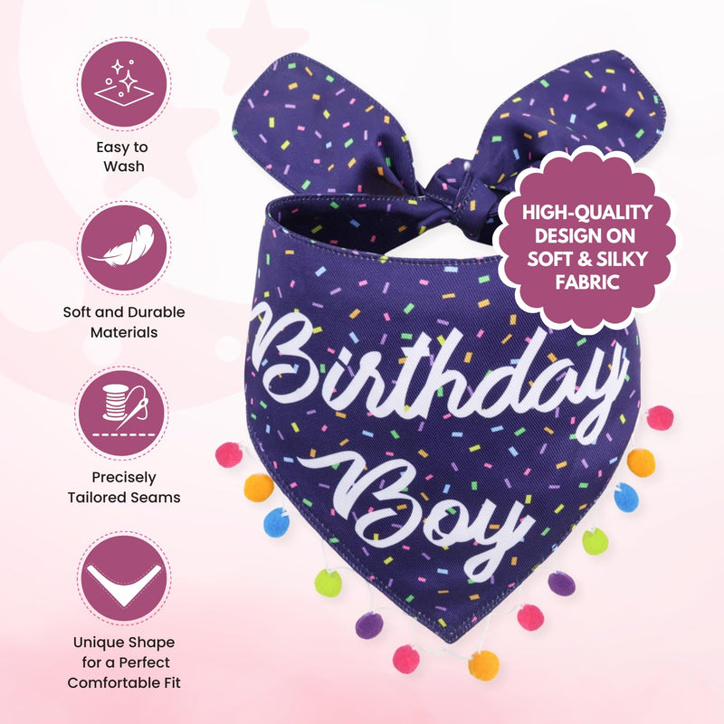 LunaMarie - Luxury Pet Birthday Bandanas -Premium & Silky Poly Fabric | 100% Handmade | Custom Shape Dual Layered (Birthday Boy, X-Small) - PawsPlanet Australia