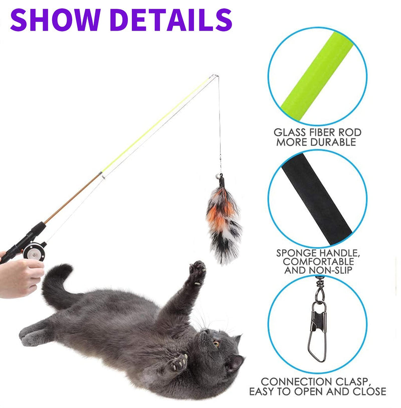 Retractable Cat Teaser Wand Toy, Cat Toys for Indoor Outdoor Cats Interactive Fishing Rod with 8 Pcs Refills Feather Toy, Plush Mouse Caterpillar & Fish