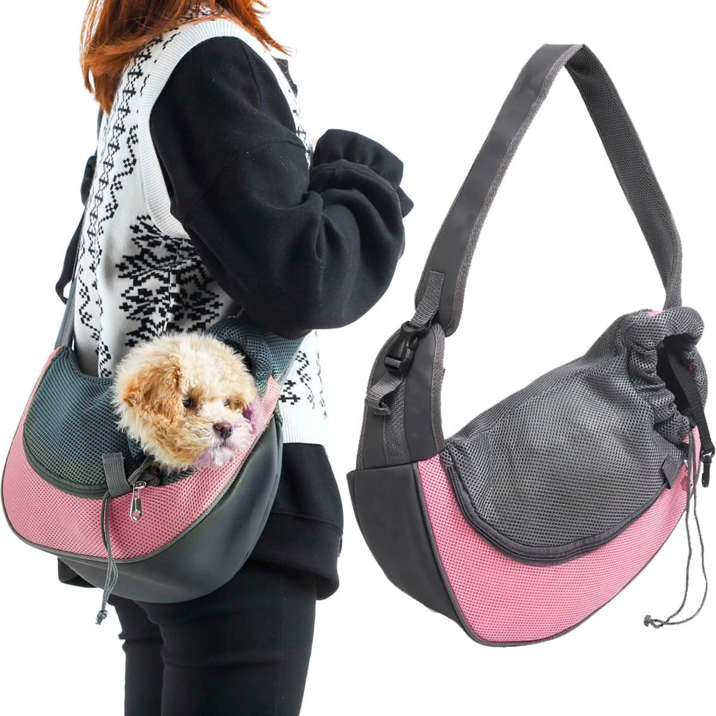 Pet Dog Sling Carrier Puppy Pet Slings Bag for Small Dogs Cats Satchel Carriers Breathable Mesh Hand Free with Adjustable Strap Doggie Crossbody for Outdoor Travel (Pink, Large 5-12 lbs) Pink