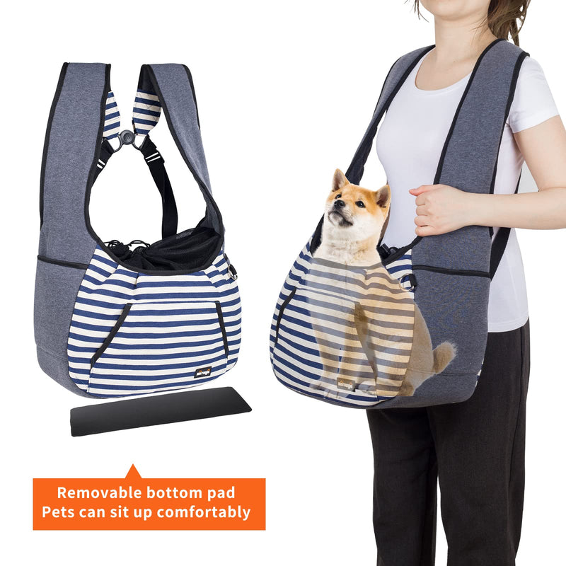 NATUYA Dog Sling Carrier Puppy Carrier, Adjustable Pet Front Sling Carrier Travel Bag with Bottom Pad, Pet Carrier for Small Dog Cat Puppy Traveling Hiking Camping (Bule Strip, 8-15 lb) Bule Strip - PawsPlanet Australia