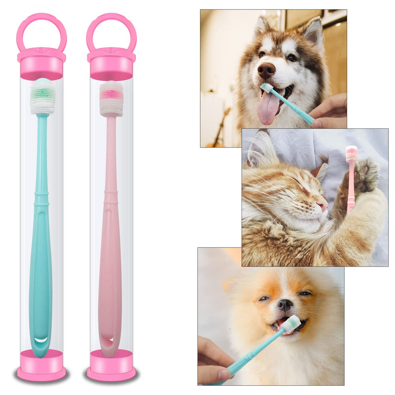 BLMHTWO 2 Pieces Cat Toothbrush, Small Dog Toothbrush 360-Degree Dog Toothbrush Small with Independent Transparent Packaging Box and PP Handle Silicone Dog Toothbrush for Small Dogs (Green and Pink) - PawsPlanet Australia