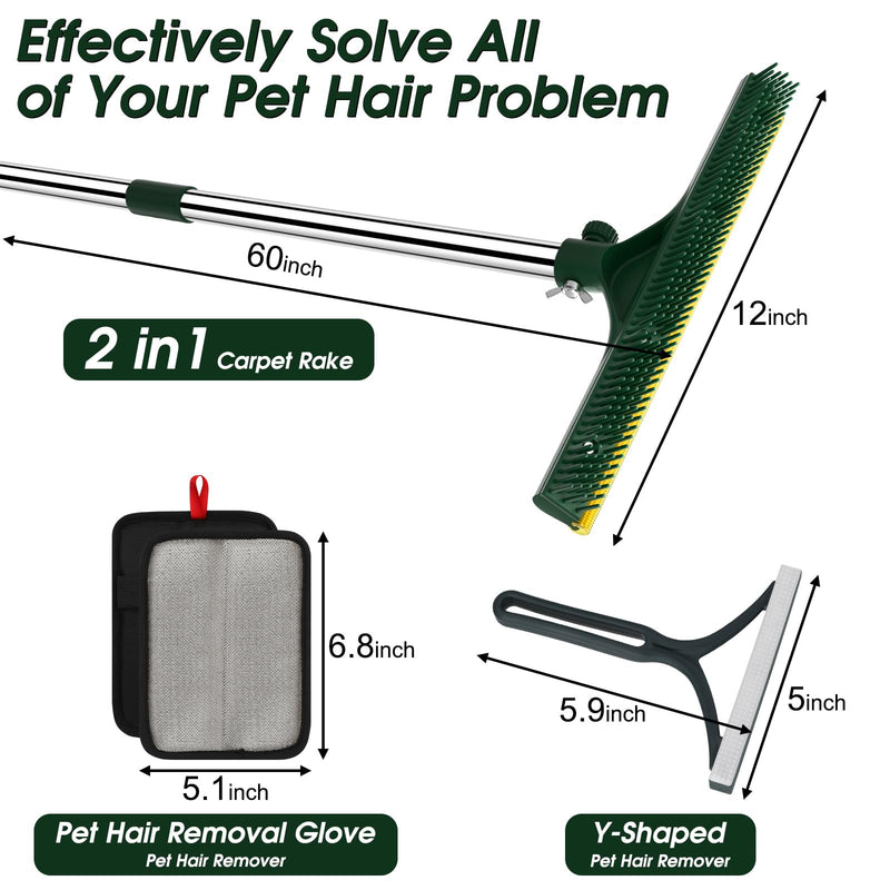 Carpet Rake for Pet Hair Removal, 60’’ Dual-Side Pet Hair Removal Tool with Adjustable Handle, 3 in 1 Reusable Lint Remover Dog Cat Fur Remover Broom for Rugs, Mats, Beds, Stairs, Couch