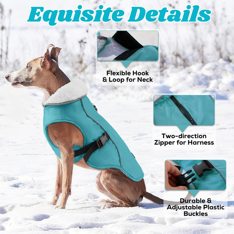 EMUST Dog Coat Winter, Waterproof Pet Snow Jacket for Winter, Adjustable Small/Medium/Large Dog Coat, Turquoise, L Large