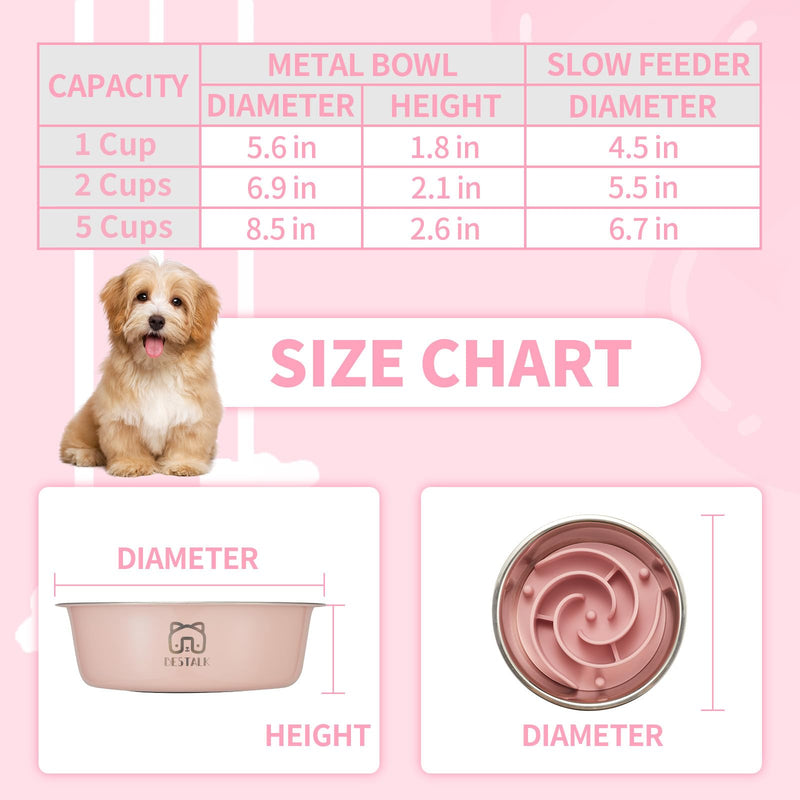 2-in-1 Metal Slow Feeder Dog Bowl, Bestalk Stainless Steel Dog Bowls with Silicone Slow Feeder Insert, Food Grade 304 Water Food Bowl with Anti-Slip Base for Small, Medium, Large Dogs 5 CUPS Pink - PawsPlanet Australia