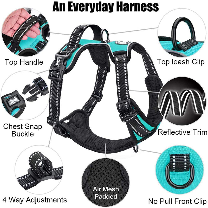 PoyPet No Pull Dog Harness, Reflective Comfortable Vest Harness with Front & Back 2 Leash Attachments and Easy Control Handle Adjustable Soft Padded Pet Vest for Small to Large Dogs (Mint Blue,L) Mint Blue - PawsPlanet Australia