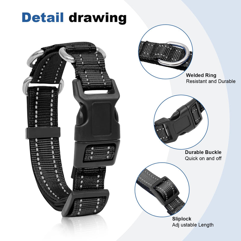 Reflective Martingale Dog Collars. Dog Collar with Quick Release Buckle. Adjustable Soft Padded Breathable Nylon Pet Collar Suitable for Puppies for Small Medium Large Dogs. M:1"Wind for 14.5"-19.5"Neck Black - PawsPlanet Australia