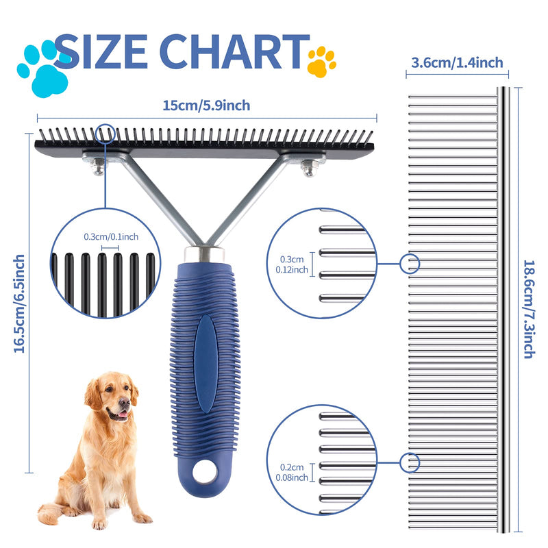 Undercoat Rake for Dogs, Long Tooth Grooming Rake + Stainless Steel Shedding Comb, Deshedding Brushes for Large Pet Horse Longhair Cat, German Shepherd Husky Brush