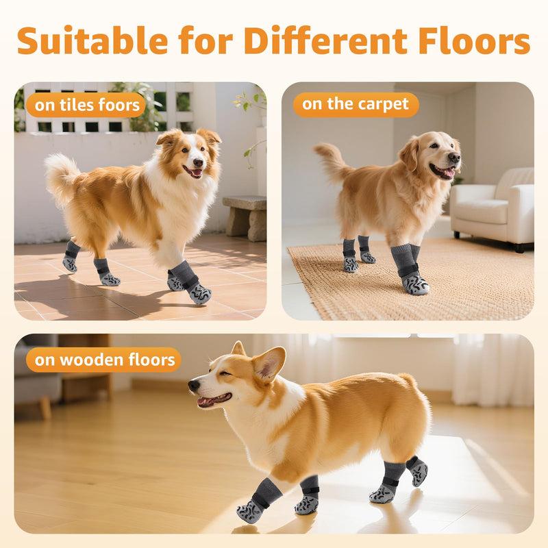 Double Sides Non-Slip Dog Socks to Prevent Licking Paws - Strong Traction for Hardwood Floors, Senior Dogs, Paw Protector, Dog Socks with Grippers - Size Large Grey Large(Pack of 4)