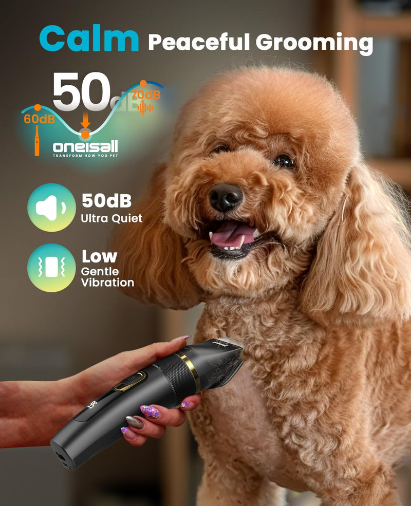 oneisall Dog Clippers Low Noise, Pro Dog Grooming Clippers Kit with Rechargeable Cordless Shaver Trimmer for Dogs Cats, IPX7 Waterproof Pet Clippers Grooming at Home - PawsPlanet Australia