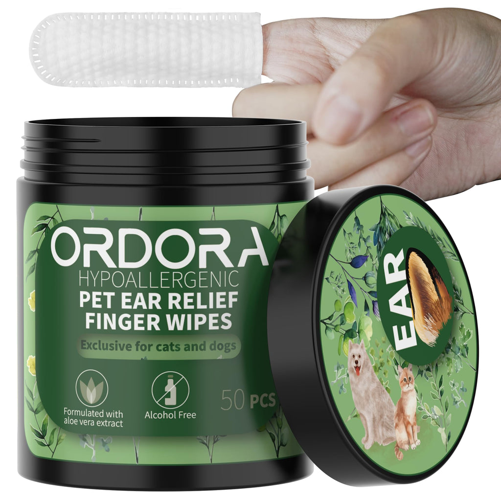 ORDORA PET Ear Finger Wipes for Dogs & Cats - Gently Remove Ear Wax, Debris - Sooths & Deodorizes - Relieve Ear Itching & Inflammation, Dog Ears Brushing Kit Dental Wipes - 50 Pcs