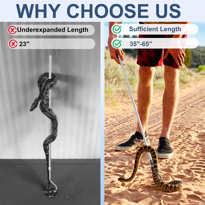 Snake Hook Heavy Duty, 35"-65" Snake Reptile Hook Rubber Tip for Rattlesnakes Ball Python Rattle Cobra Removal Non Slip Foam Handle Stainless Steel - PawsPlanet Australia
