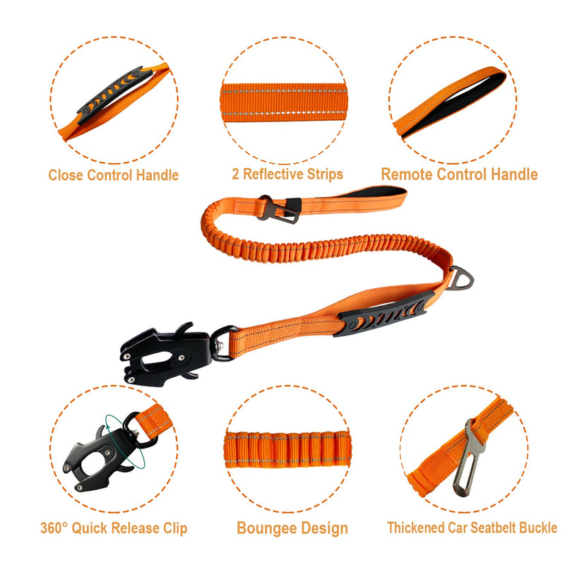 No Pull Tactical Dog Leash for Shock Absorption, Bungee Dog Leash with 2 Control Handle, Car Seat Belt Clip and Highly Reflective Threads. (Orange, M) Orange - PawsPlanet Australia