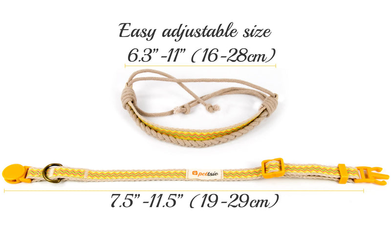 Pettsie Breakaway Cat Collar & Matching Friendship Bracelet – Soft Cotton, Safe & Comfortable, Adjustable 7.5"-11.5", Yellow 7.5"-11.5" Neck