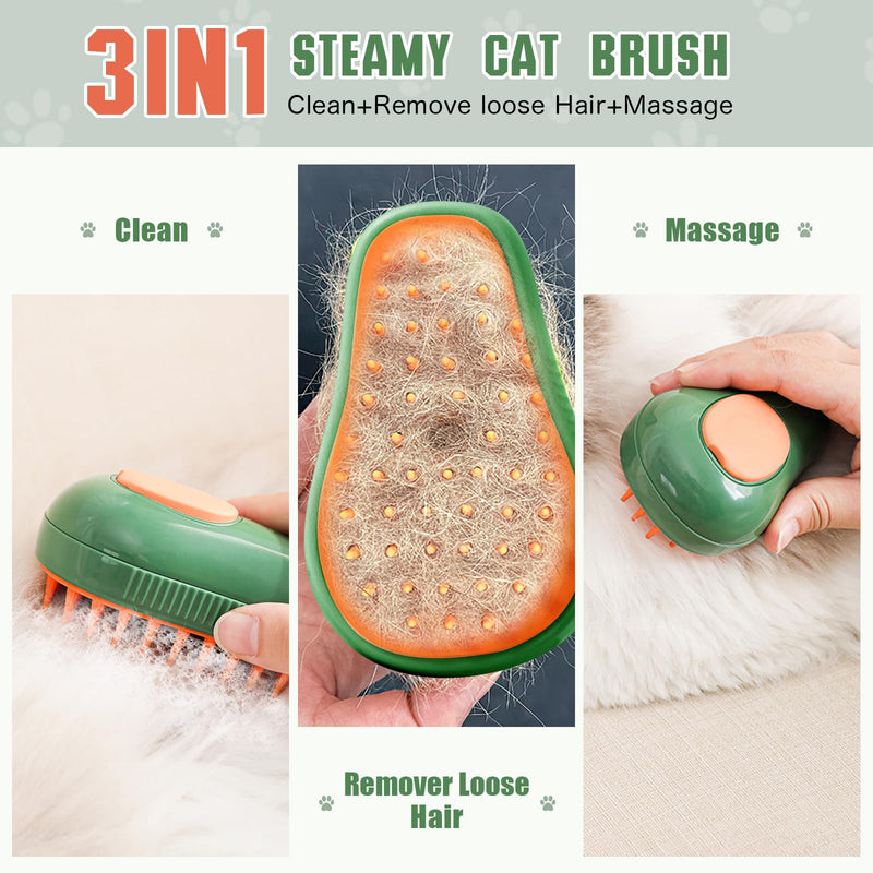 Cat Grooming Brush, 3 in 1 Cat Steamy Brush, Electric Cat Steam Brush with Self Cleaning Function, Silicone Massage, Clean and Removing Loose Hair for Cats and Other Pets Avocados - Green - PawsPlanet Australia