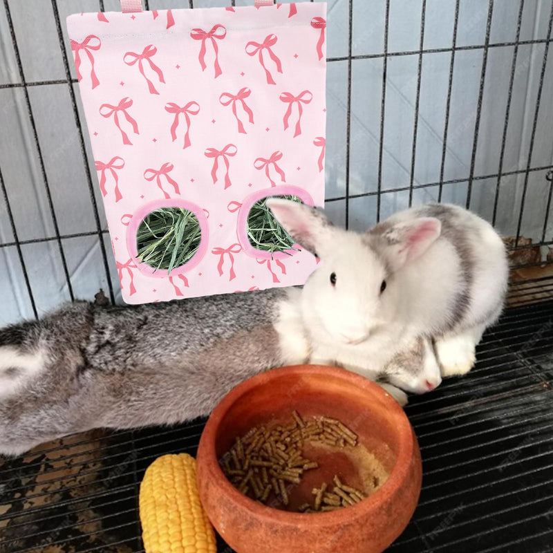 2Pcs Rabbit Hay Feeder Bag with 2 Holes Pink Bow Guinea Pig Hanging Hay Feeding Bag Storage Dispenser for Chinchilla Hamster Bunny Small Animal Pet - PawsPlanet Australia