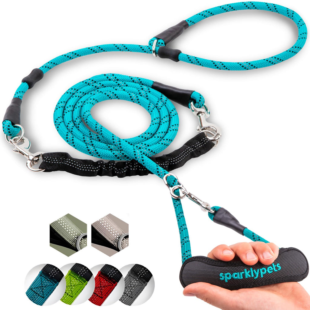 SparklyPets Multifunctional Bungee Dog Leash with Slip Lead – Crossbody Leash for dog walking Medium & Large Breeds with Detachable Slip Leash for Dogs (Teal) Teal Crossbody Bungee Slip Leash -10.5 Ft