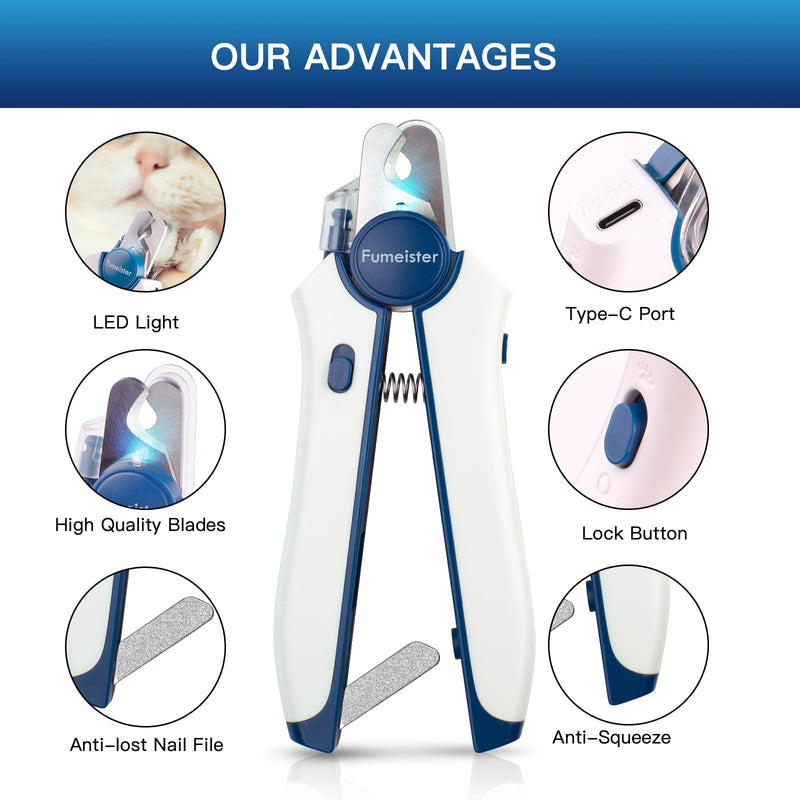 Type-C Rechargeable Dog & Cat Nail Clippers - LED Pet Nail Trimmer with Built-in Nail File, Extra Sharp Blades for Small & Medium Dogs, Indoor Cats (White-Blue) White-blue - PawsPlanet Australia
