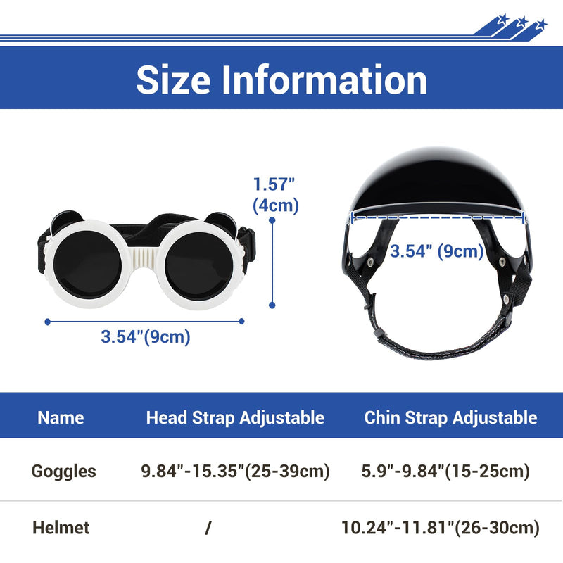 PETLESO Extra Small Dog Goggles and XSmall Dog Helmet, 2Pcs Anti-UV Doggy Sunglasses Cat Motorcycle Protecetive Helmet Set, Chihuahua Safety Hard Hat Outdoor Head & Eyes Protection, White XS Black+White - PawsPlanet Australia