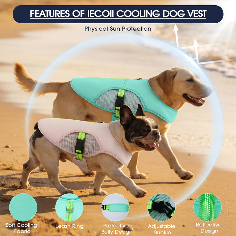 IECOii Reflective Dog Cooling Vest for Hot Weather, Soft Cooling Jacket Summer Dog Cooler Shirt with Leash Ring, Breathable Pet Cool Harness for Outdoor Walking, Hiking, Beach, Turquoise, Size L Large