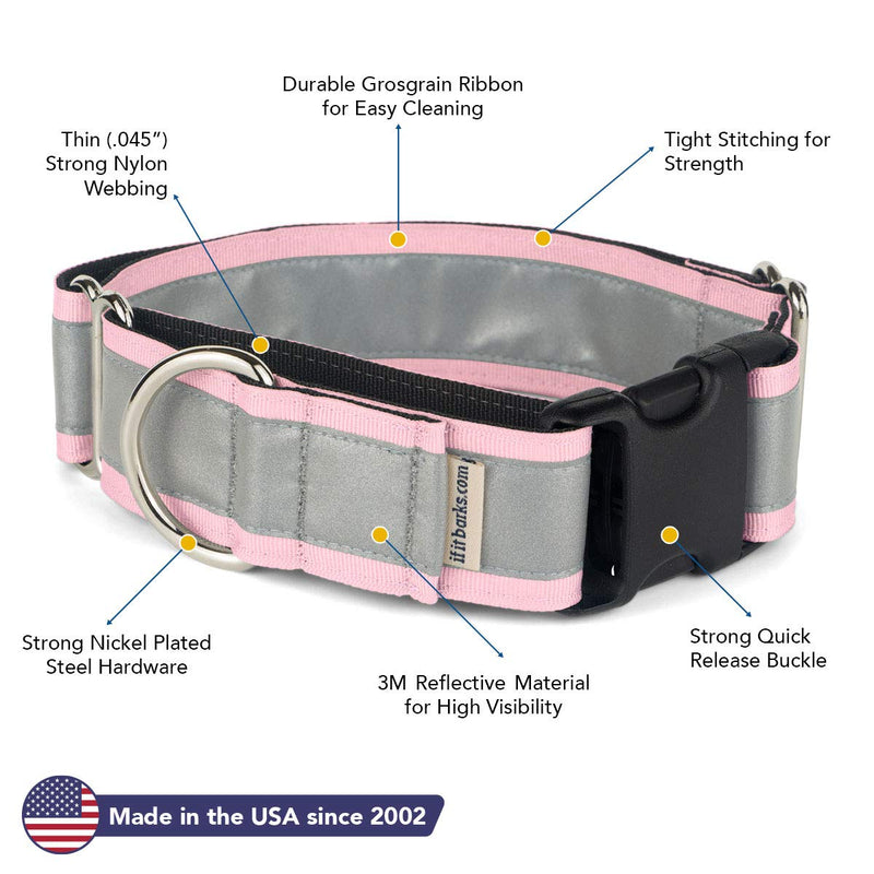 If It Barks - 1.5" Reflective Martingale Collar with Quick Snap Buckle for Dogs - Adjustable - Made in USA - Strong, Durable, and Comfy - Ideal for Training - Fits Most Breeds - Small, Pink Small w/Buckle - PawsPlanet Australia