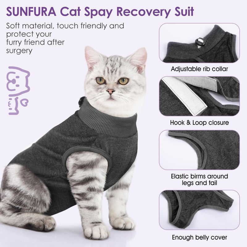 SUNFURA Cat Recovery Suit, Cat Onesie for Cats After Surgery, Breathable Cat Surgical Spay Suit for Abdominal Wounds Skin Diseases, E-Collar Alternative Cat Surgery Shirt Anti Licking, Grey M Medium