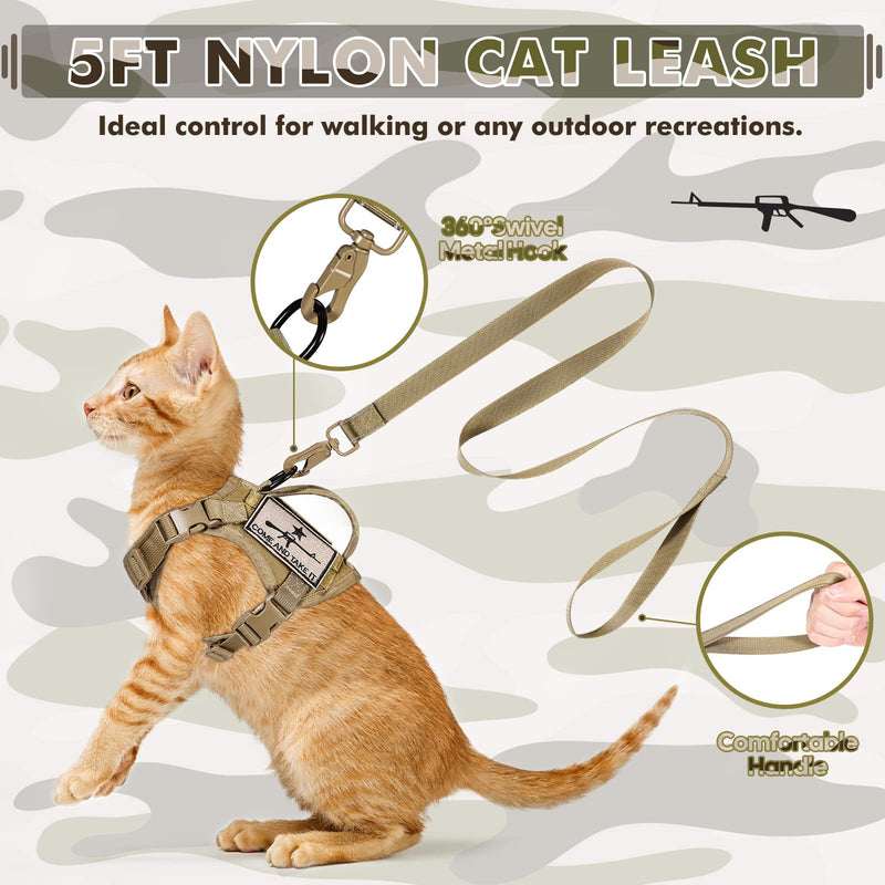 Tactical Cat Harness and Leash, Escape Proof Large Cat Walking Vest,Adjustable Soft Mesh Pet Vest Harness with Control Handle, Molle Patches Khaki