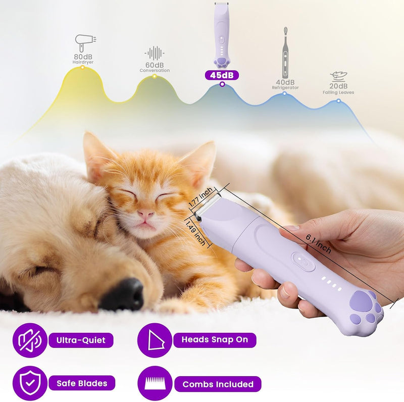 Dog Clippers for Grooming - 4-in-1 Dog Clippers Grooming Kit with Low Noise & IPX7 Waterproof Design Includes Comb Paw Trimmer Nail Grinder - Rechargeable & Cordless Dog paw Trimmer (Purple) - PawsPlanet Australia