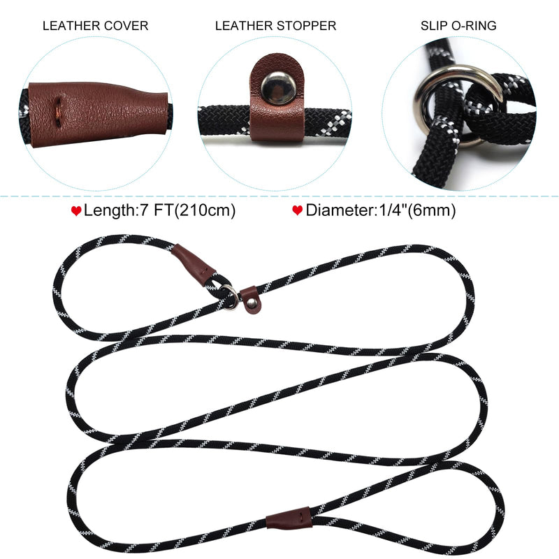 7 FT Slip Lead Dog Leash for Small Dogs, No Pull Puppy Training Lead, Lightweight Sturdy Pet Slip Rope Leash, Black 1/4'' x 7 FT - PawsPlanet Australia