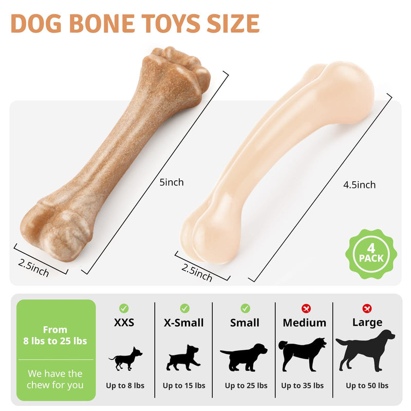 Puppy Chew Toys for Teething 4 Pack Dog Toys for Aggressive Chewers, Tough Dog Bones with Beef/Wood Flavor, Dog Chew Toys for Small/Medium Breed