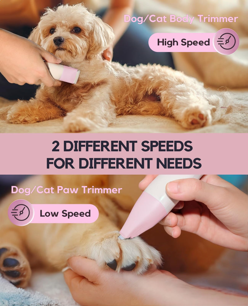 Dog Clippers Grooming Kit, 4 in 1 Quiet Cordless Dog Paw Trimmer & Nail Grinder, Small Cat Clippers Electric Rechargeable Low Noise Pet Shaver for Trimming Hair on Paw Eye Ear Face Rump (Pink) Pink - PawsPlanet Australia