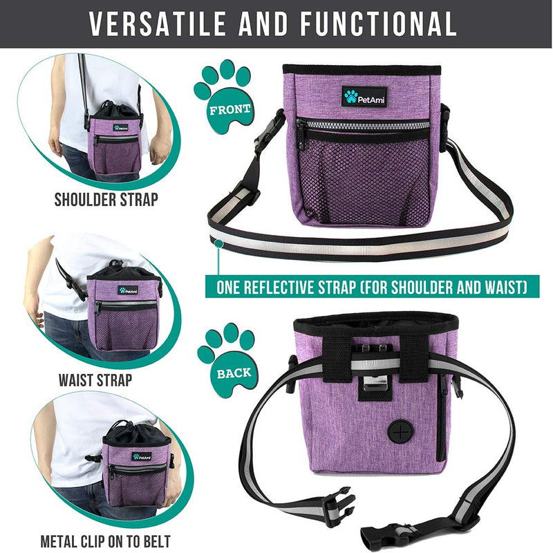 PetAmi Dog Treat Pouch, Pet Treat Pouch for Training, Dog Walking Bag Holder for Kibbles, Pet Food Toy, Dog Trainer Essentials Supplies, Poop Bag Dispenser, 3 Ways to Wear (Purple) One Size Heather Purple