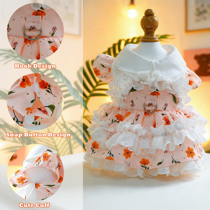 2 Pcs Pet Floral Dress and Lace Sunhat, Summer Skirt with Laces for Dog, Cute Bowknot Dresses for Cat, for Birthday Party and Outdoor Travel (Orange, Medium) Orange Small