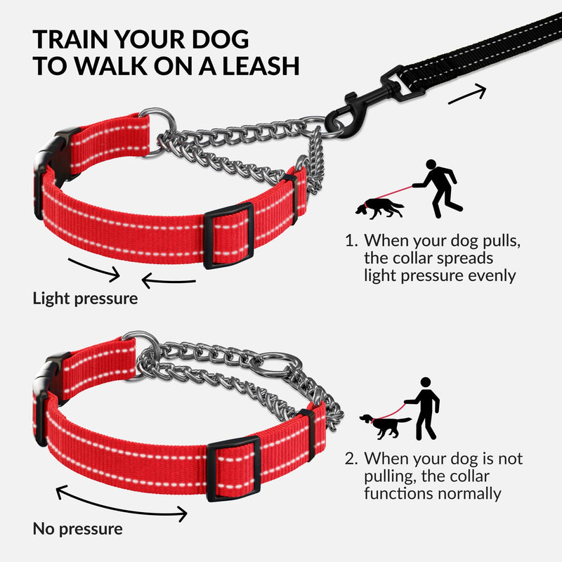 CollarDirect Martingale Dog Collar with Stainless Steel Chain and Quick Release Buckle - Reflective Collar for Large, Medium, Small Dogs - Red, Large (Neck Size 17"-22") Large (Neck Size 17"-22") Nylon with Chain - PawsPlanet Australia