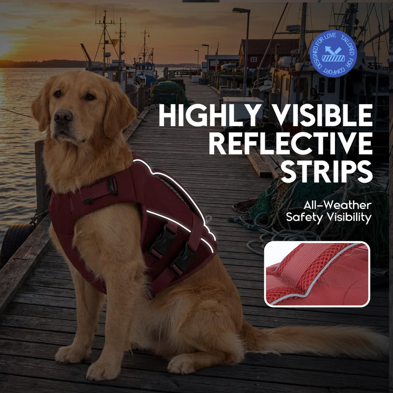 ASENKU Dog Life Jacket- High-Buoyancy Dogs Reflective Swimming Vest with Durable Handles for Small Medium Large Dogs - Pool, Beach, Boating(WineRed, L) Wine Red - PawsPlanet Australia