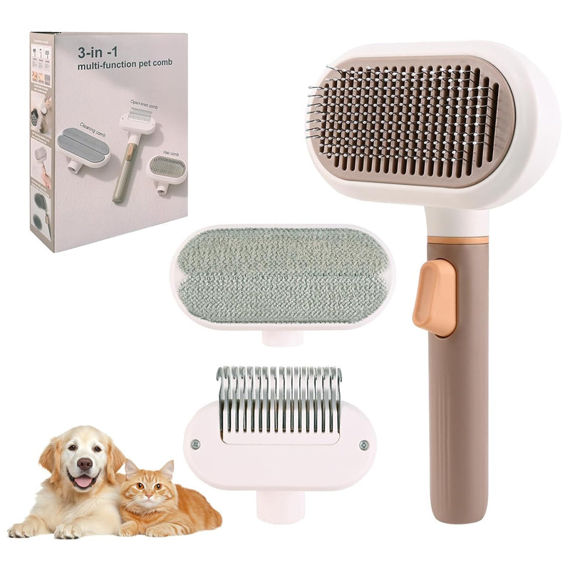 3-in-1 Cat Brush Long Hair and Dog Brush, Cat Brush with Release Button, Stainless Steel Dematting Comb, Removes Undercoat & Loosens Knots, with Massage Bristles & One Button Hair Removal - PawsPlanet Australia